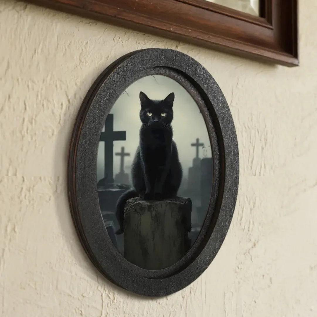 Black Cat Gothic Wooden Oval Frame - Halloween Oval Wall Art for Witch Home Decor-MoonChildWorld
