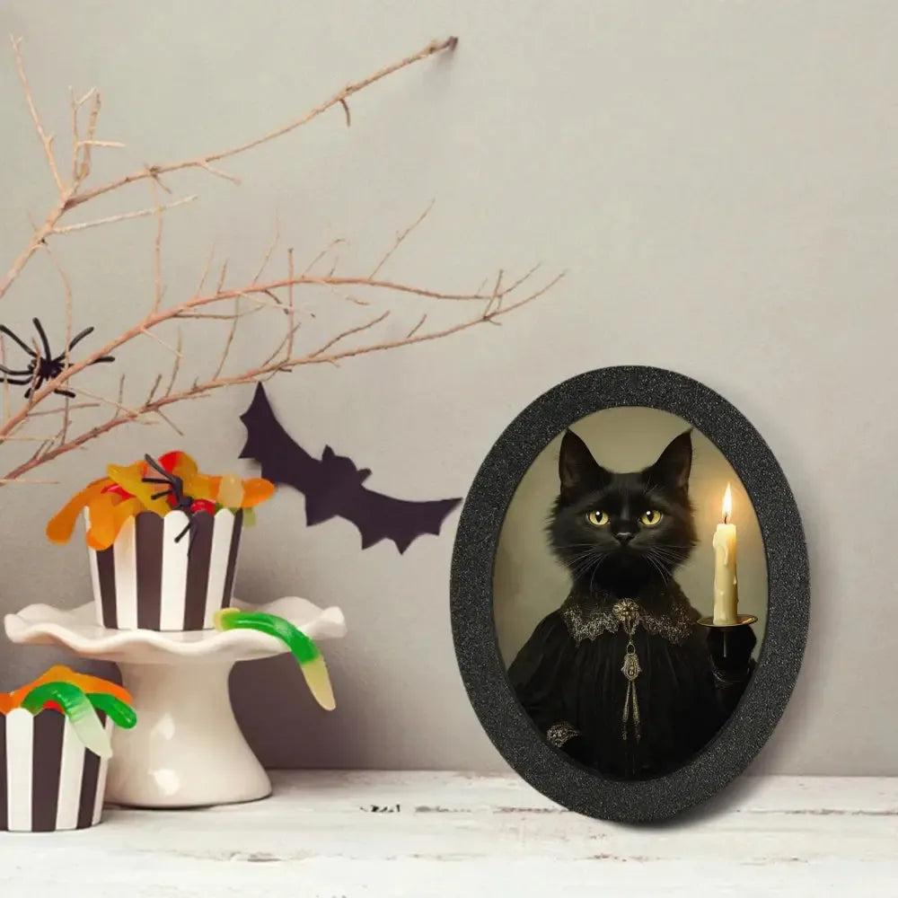Black Cat Gothic Wooden Oval Frame - Mystical Cat Oval Wall Art for Halloween Wall Decoration-MoonChildWorld