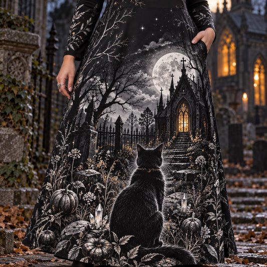 Black Cat Graveyard Plus Size Witch Dress – Gothic Long Sleeve Maxi – close up of the printed artwork