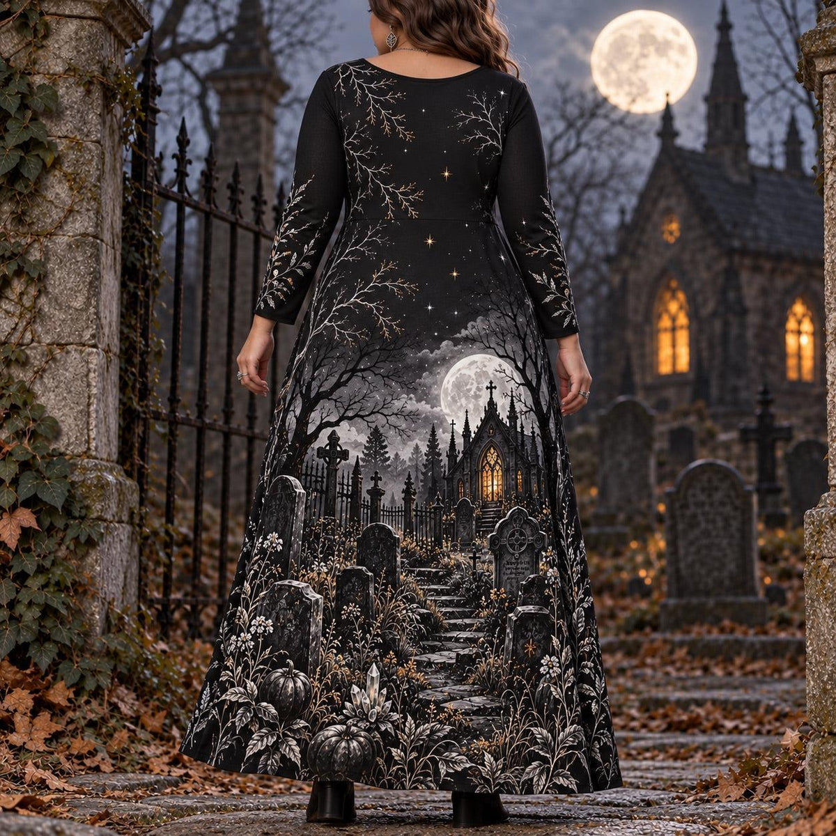 Black Cat Graveyard Plus Size Witch Dress – Gothic Long Sleeve Maxi – worn, back view