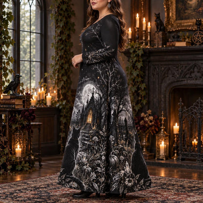 Black Cat Graveyard Plus Size Witch Dress – Gothic Long Sleeve Maxi – worn, three quarter view