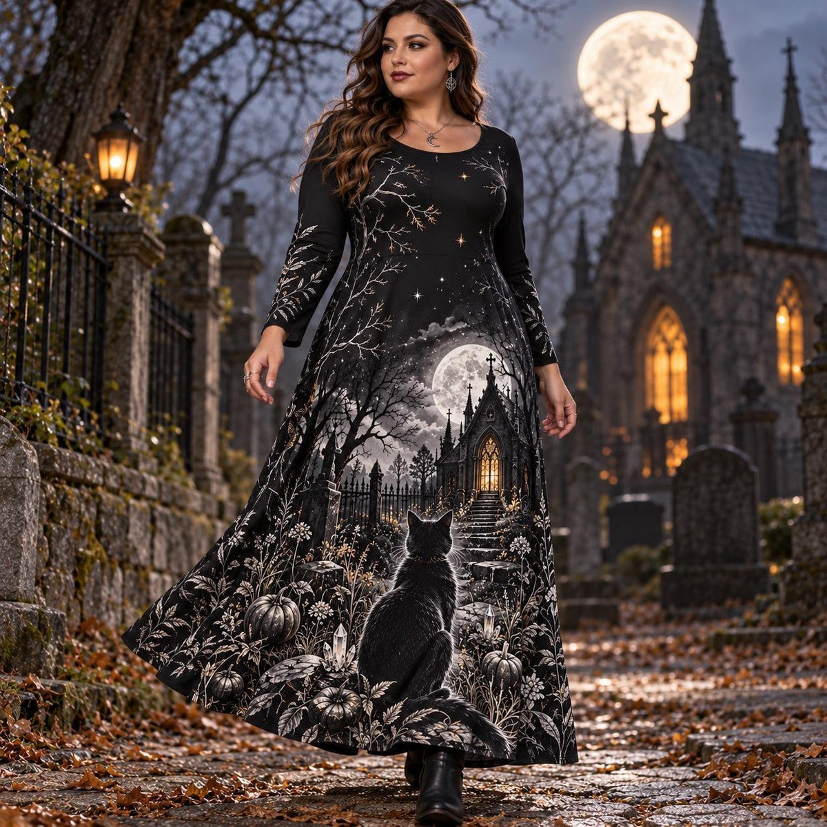 Black Cat Graveyard Plus Size Witch Dress – Gothic Long Sleeve Maxi – worn, in motion