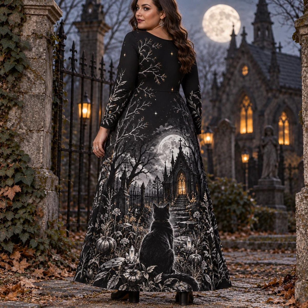 Black Cat Graveyard Plus Size Witch Dress – Gothic Long Sleeve Maxi – worn, back view