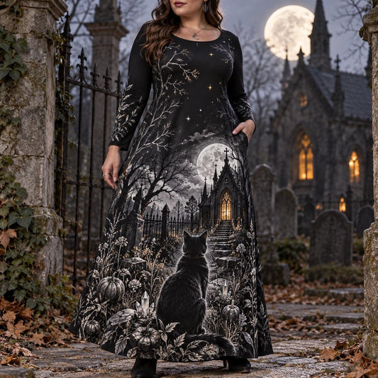Black Cat Graveyard Plus Size Witch Dress – Gothic Long Sleeve Maxi – worn, front view