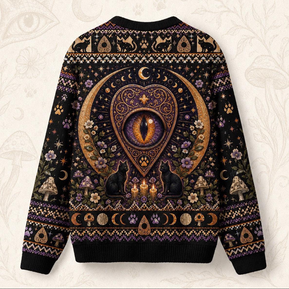Black Cat Grimoire Sweater Planchette Cat Eye Gold Knit back view