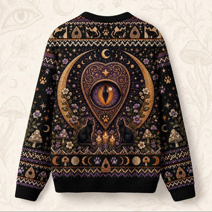 Black Cat Grimoire Sweater Planchette Cat Eye Gold Knit back view