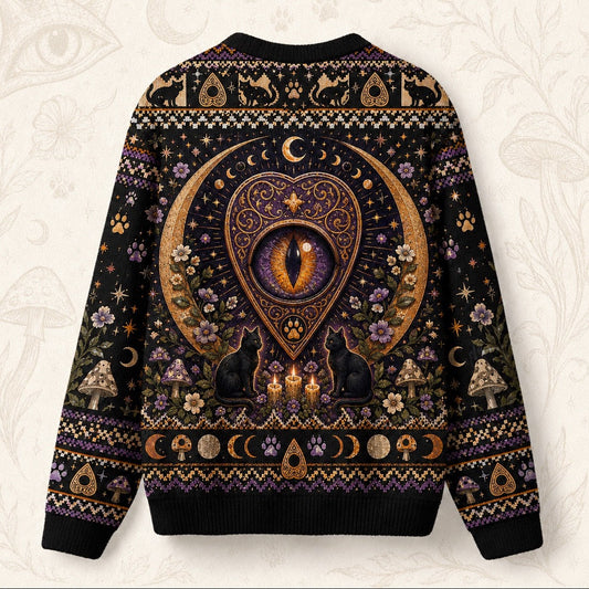 Black Cat Grimoire Sweater Planchette Cat Eye Gold Knit back view