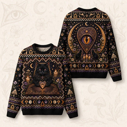 Black Cat Grimoire Sweater Planchette Cat Eye Gold Knit front and back together