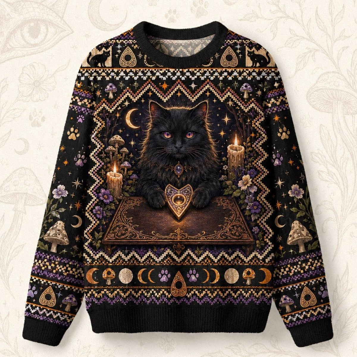 Black Cat Grimoire Sweater Planchette Cat Eye Gold Knit front view