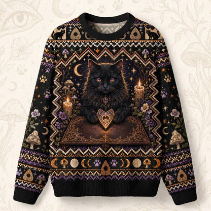Black Cat Grimoire Sweater Planchette Cat Eye Gold Knit front view