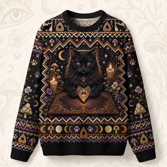Black Cat Grimoire Sweater Planchette Cat Eye Gold Knit front view