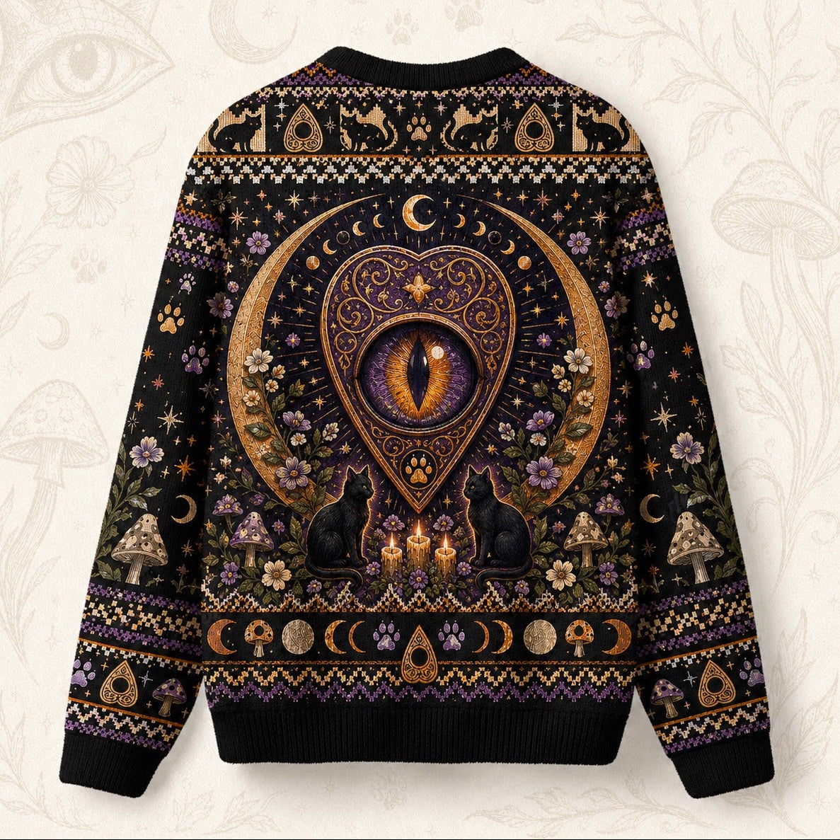 Black Cat Grimoire Sweater Planchette Cat Eye Gold Knit back view