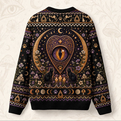 Black Cat Grimoire Sweater Planchette Cat Eye Gold Knit back view