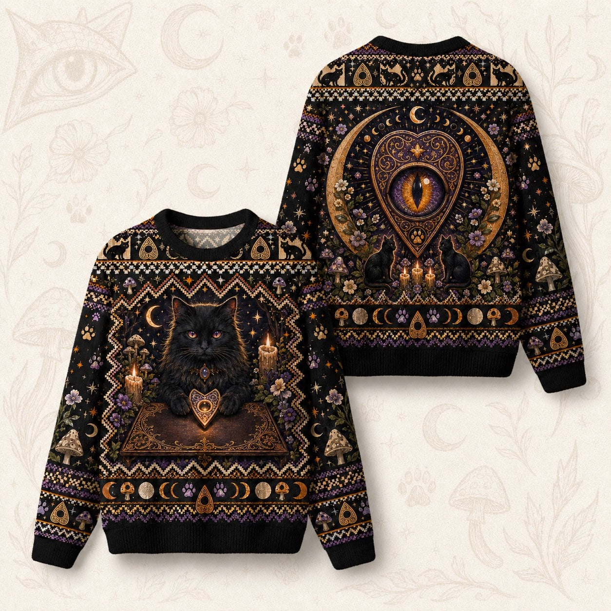 Black Cat Grimoire Sweater Planchette Cat Eye Gold Knit front and back together