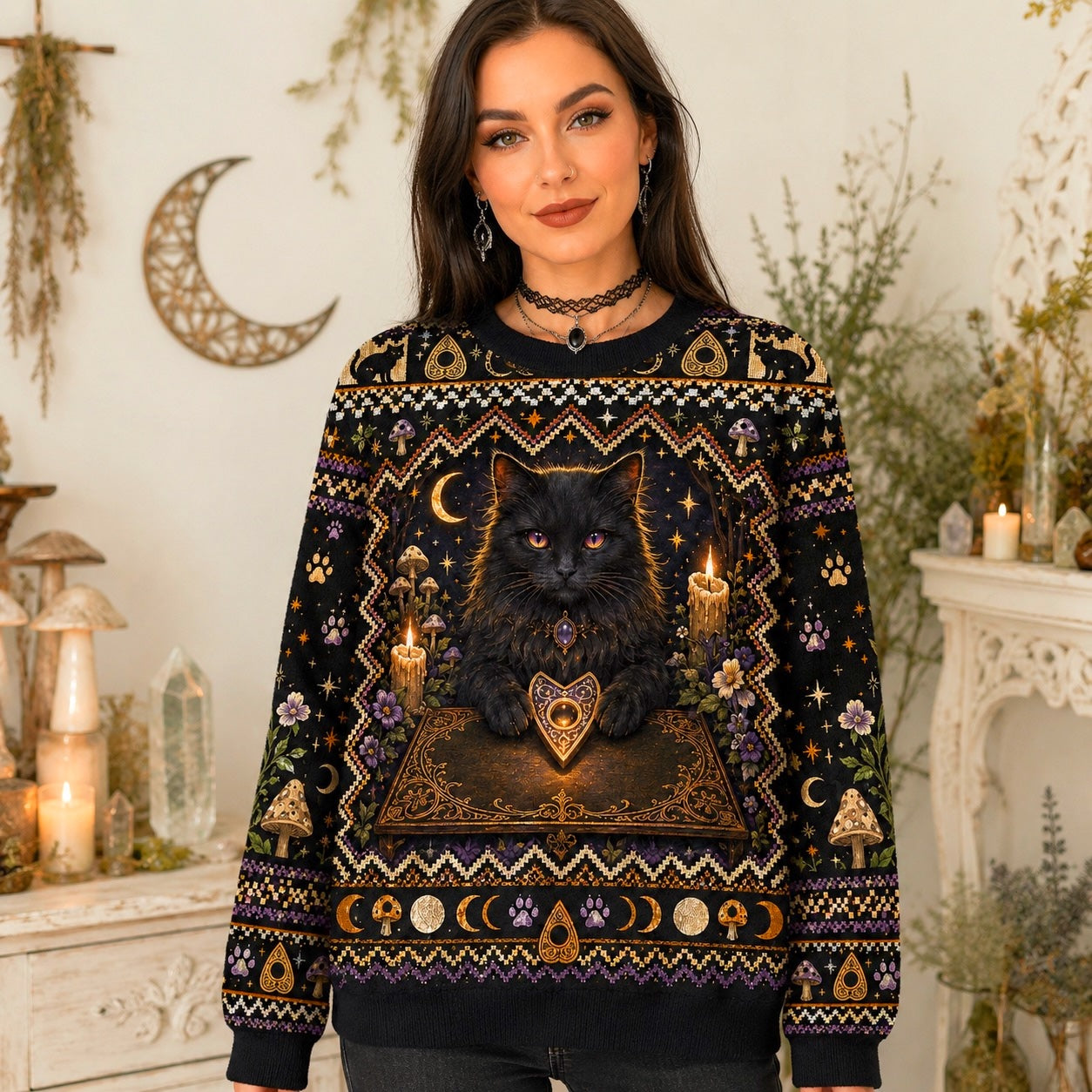 Black Cat Grimoire Sweater Planchette Cat Eye Gold Knit worn, front view