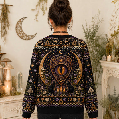 Black Cat Grimoire Sweater Planchette Cat Eye Gold Knit worn, back view