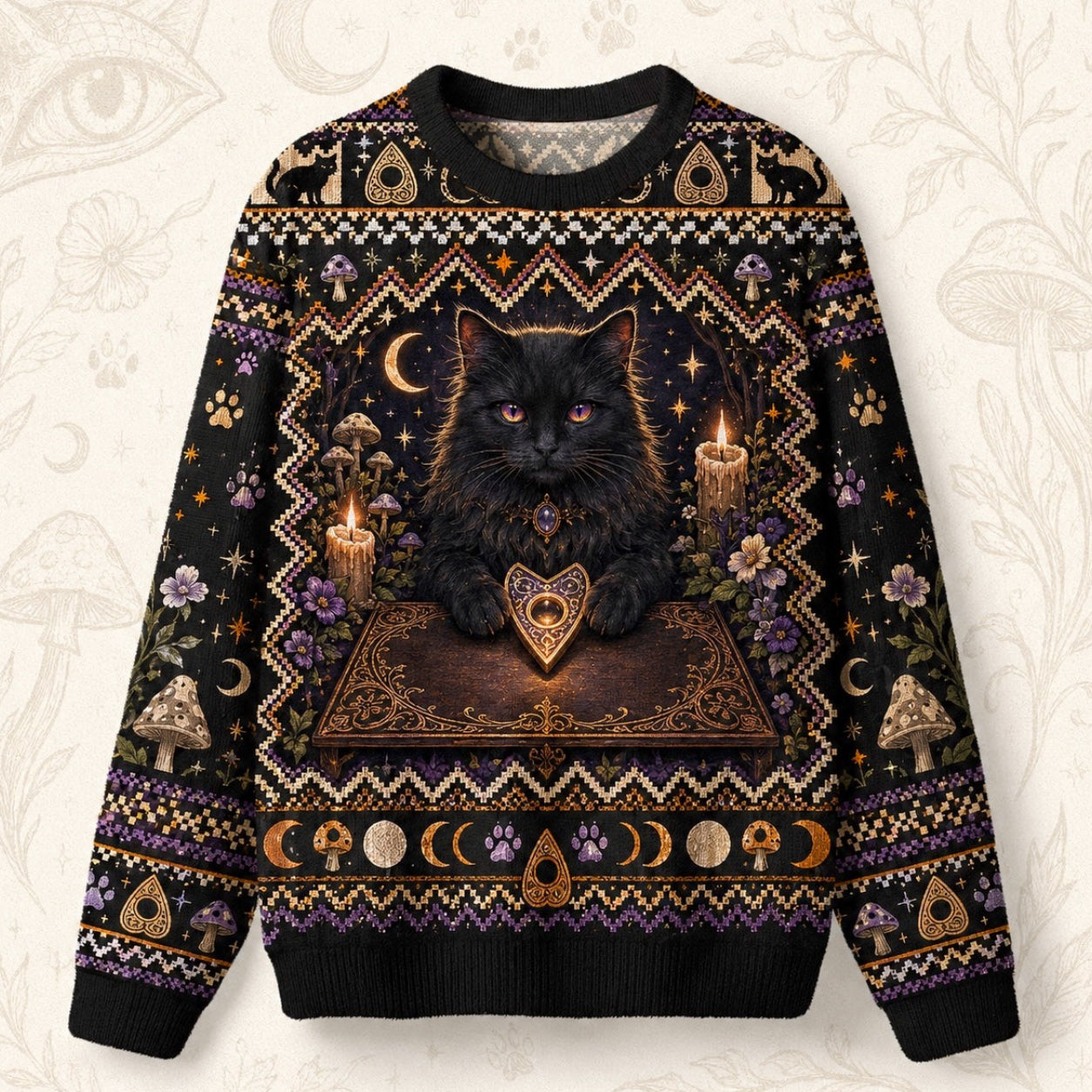 Black Cat Grimoire Sweater Planchette Cat Eye Gold Knit front view