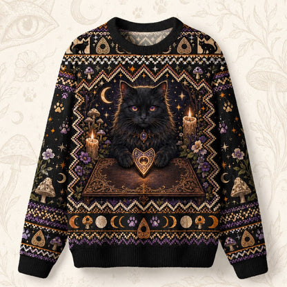 Black Cat Grimoire Sweater Planchette Cat Eye Gold Knit front view