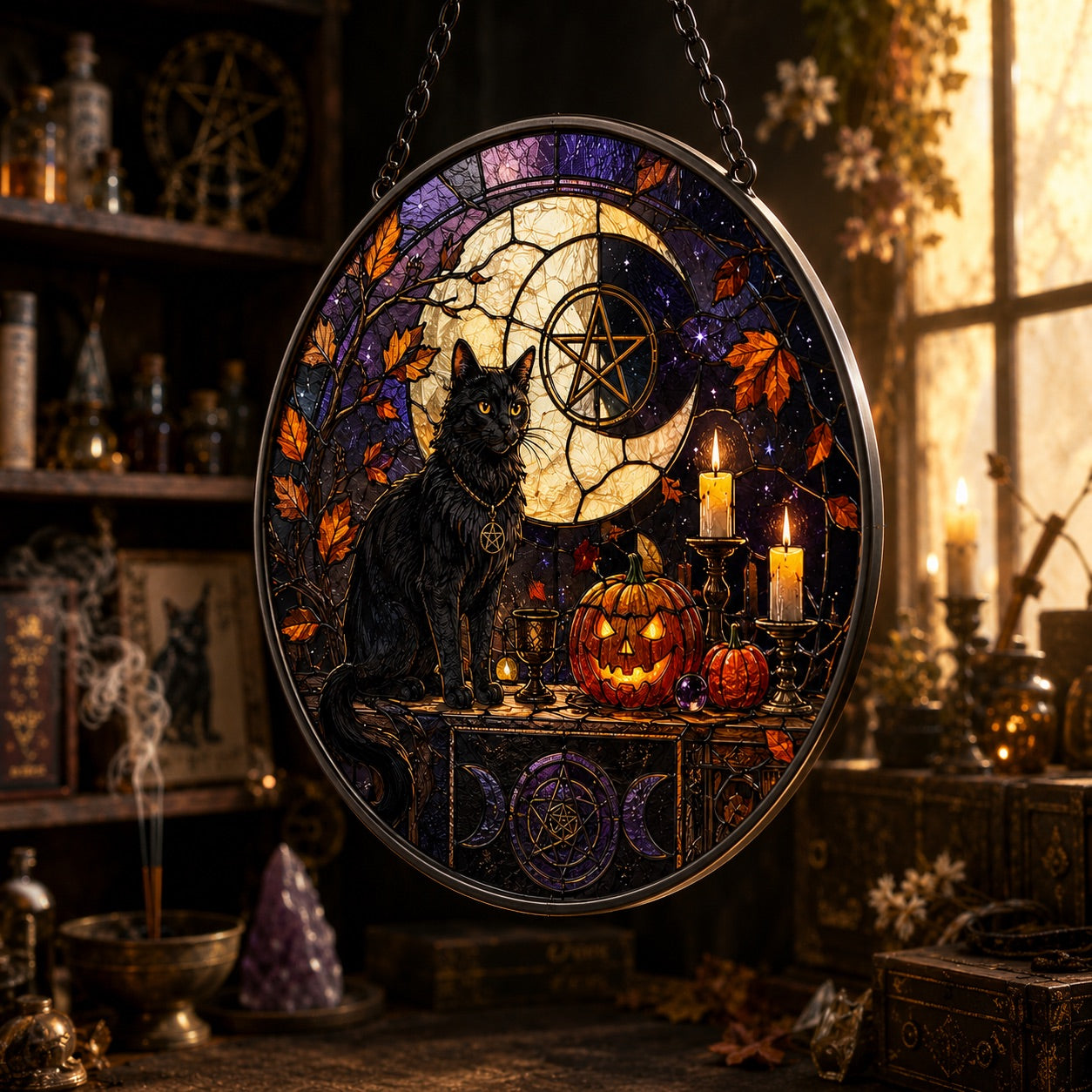 Black Cat Halloween Altar Glass Suncatcher - close up detail