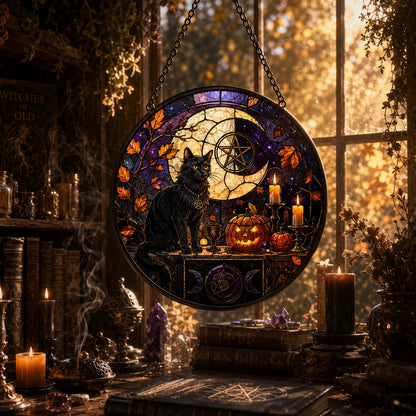 Black Cat Halloween Altar Glass Suncatcher - sunlight glow