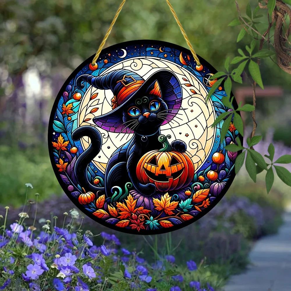 Black Cat Halloween Suncatcher Occult Acrylic Round Sign Gothic Decor-MoonChildWorld