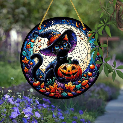 Black Cat Halloween Suncatcher Occult Acrylic Round Sign Gothic Decor-MoonChildWorld