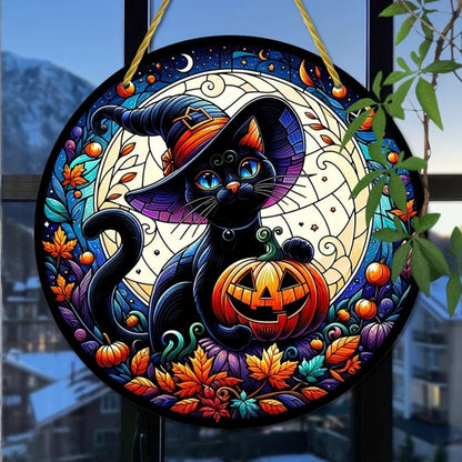 Black Cat Halloween Suncatcher Occult Acrylic Round Sign Gothic Decor-MoonChildWorld