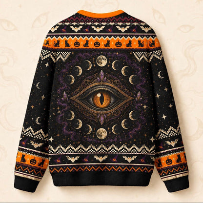 Black Cat Sweater Crescent Moon Cat Eye Halloween Knit Jumper back view