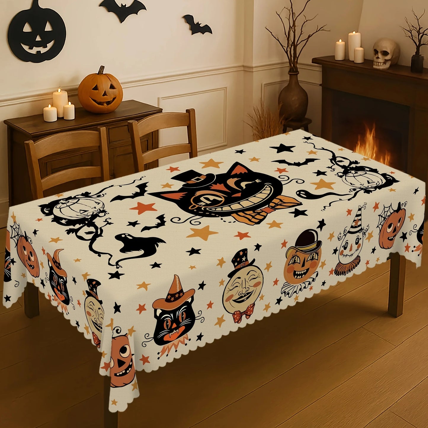 Black cat Halloween tablecloth with pumpkin ghost and bat decor