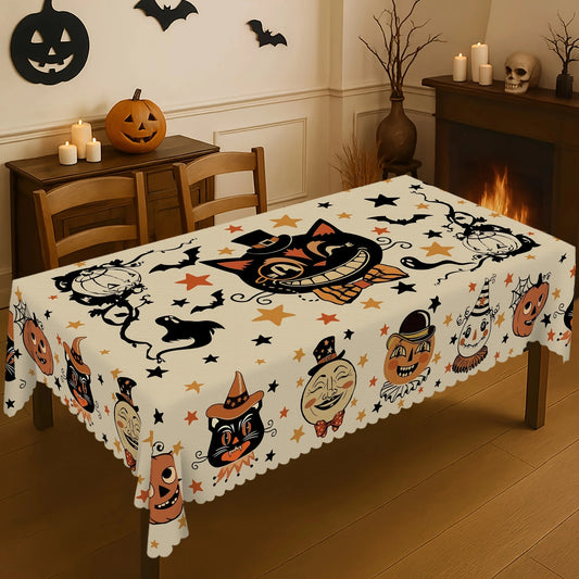 Black cat Halloween tablecloth with pumpkin ghost and bat decor