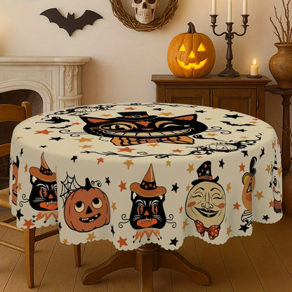 Black cat Halloween tablecloth with pumpkin ghost and bat decor