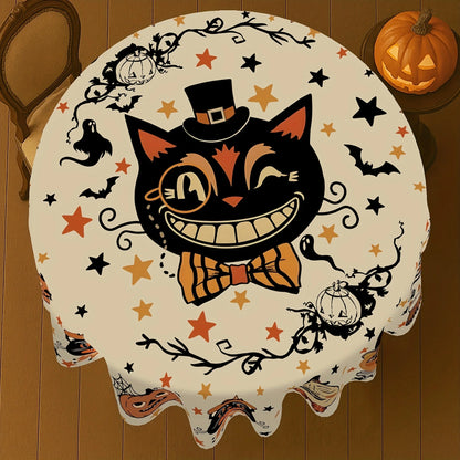 Black cat Halloween tablecloth with pumpkin ghost and bat decor