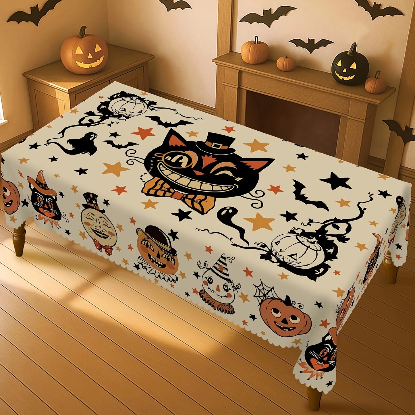 Black cat Halloween tablecloth with pumpkin ghost and bat decor