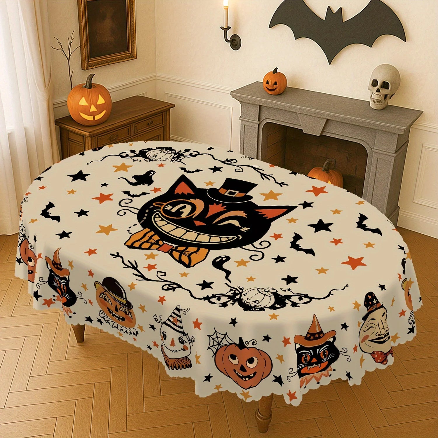 Black cat Halloween tablecloth with pumpkin ghost and bat decor