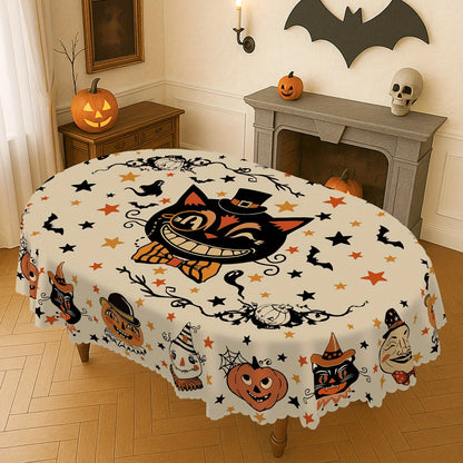 Black cat Halloween tablecloth with pumpkin ghost and bat decor