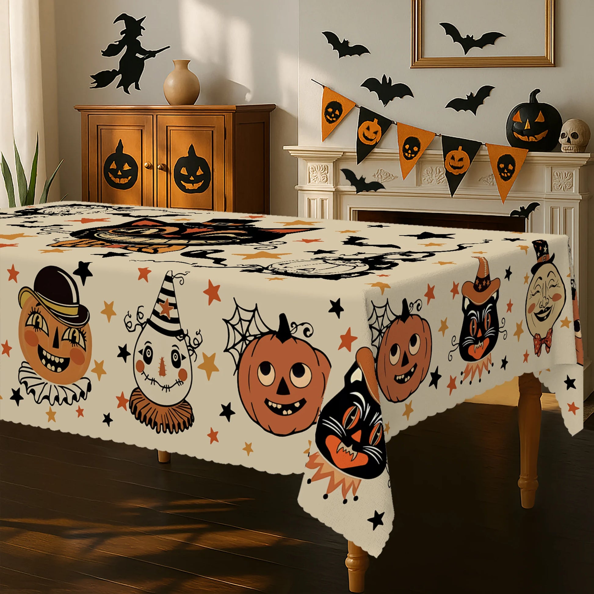 Black cat Halloween tablecloth with pumpkin ghost and bat decor