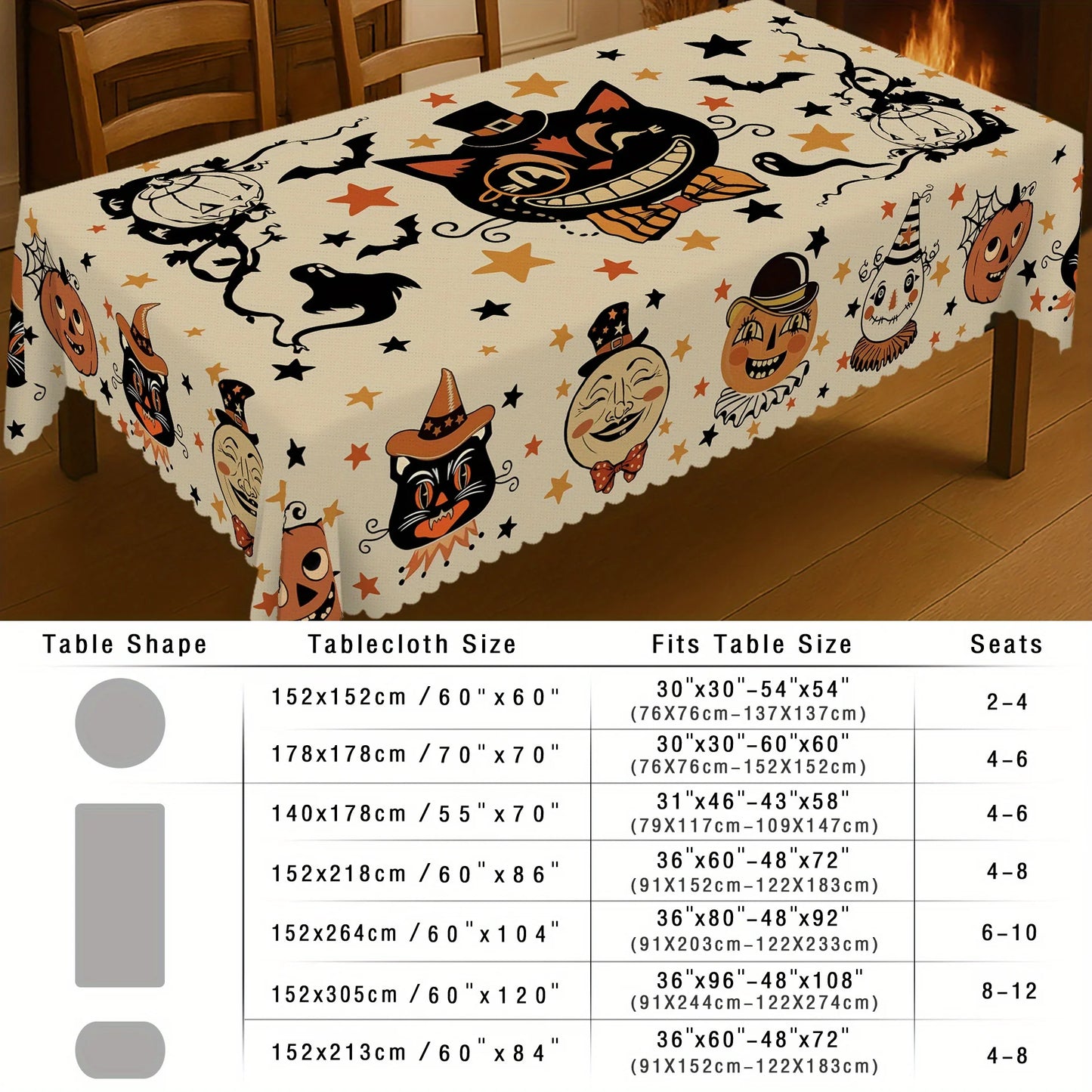 Black cat Halloween tablecloth with pumpkin ghost and bat decor