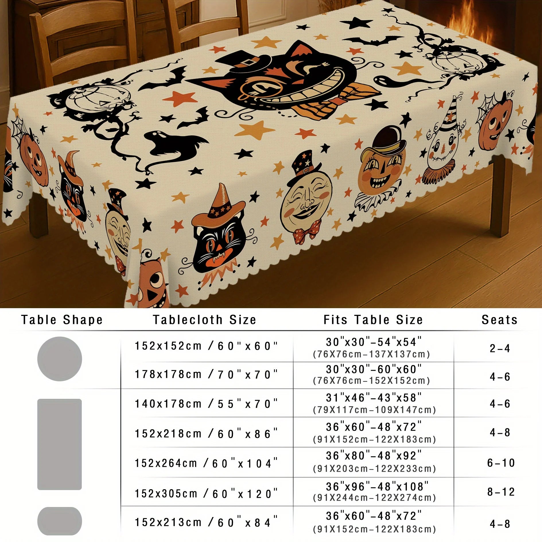 Black cat Halloween tablecloth with pumpkin ghost and bat decor