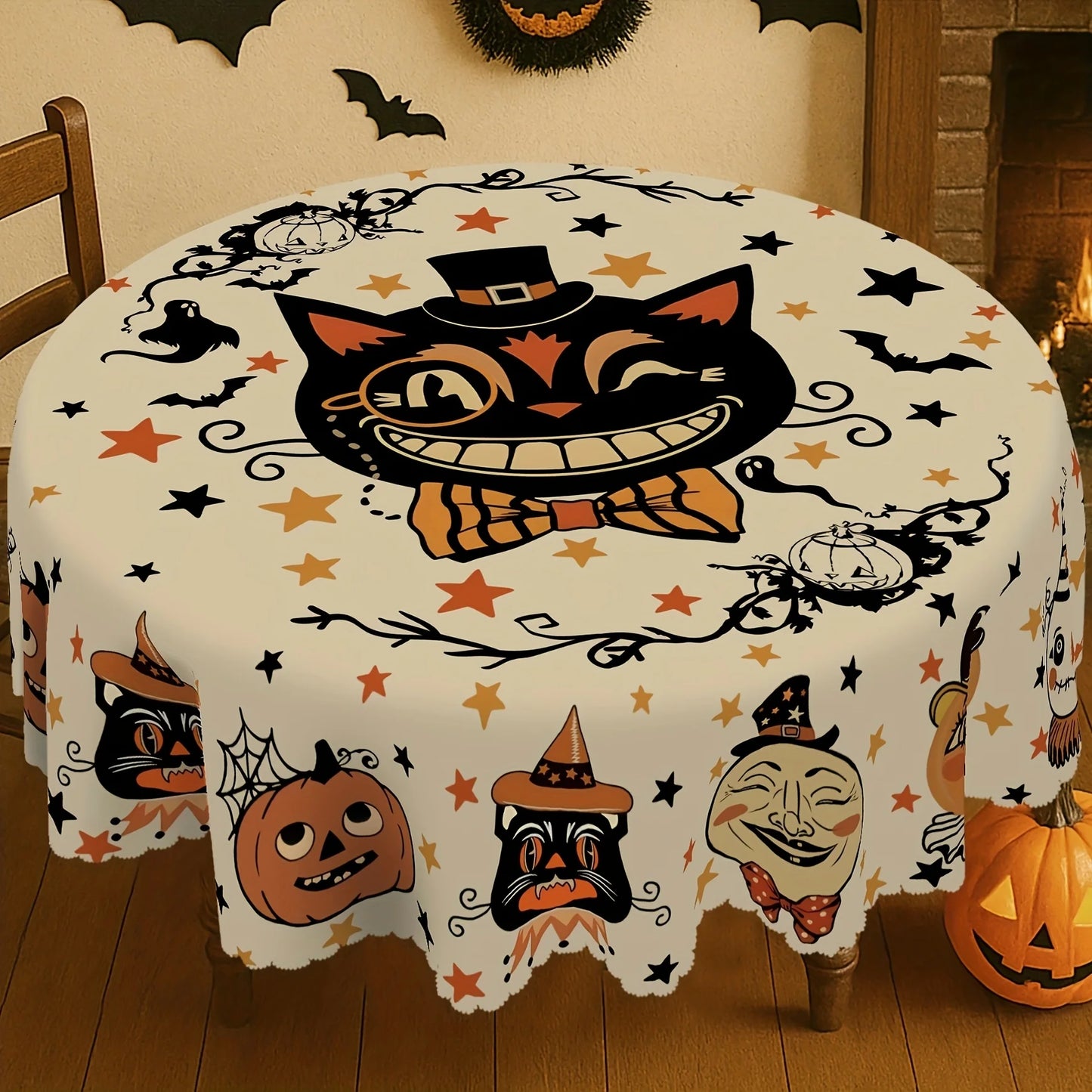 Black cat Halloween tablecloth with pumpkin ghost and bat decor