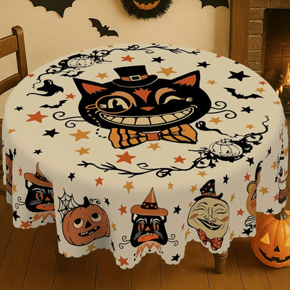 Black cat Halloween tablecloth with pumpkin ghost and bat decor