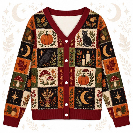 Black Cat Harvest Moon Pumpkin Pagan Cardigan for Women Fall Patchwork, front view