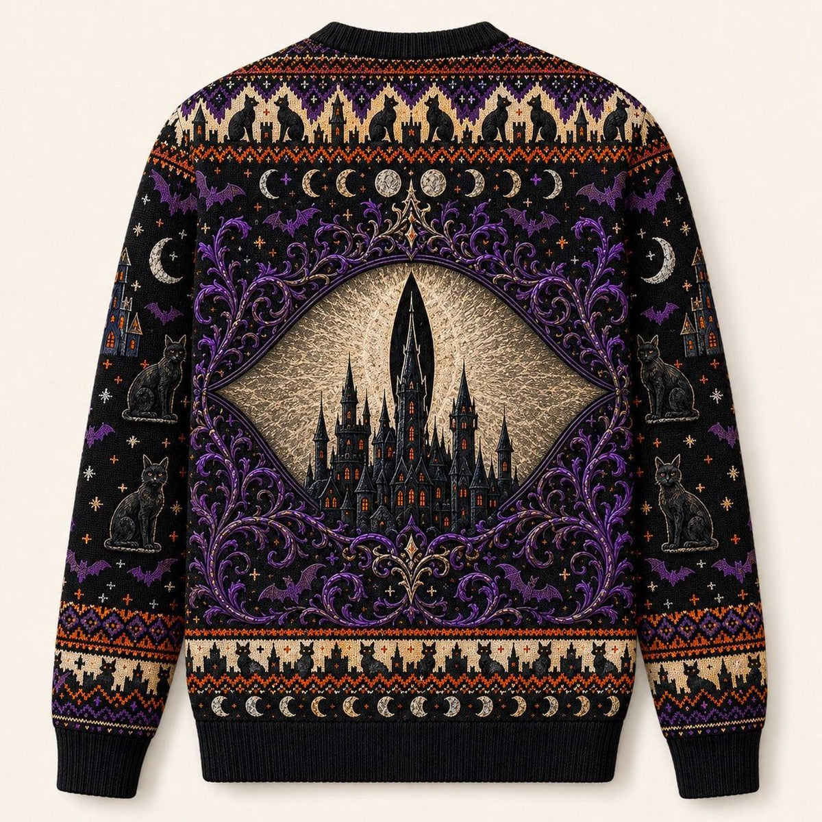 Black Cat Headstone Sweater Castle Gothic Purple Samhain Knit back view