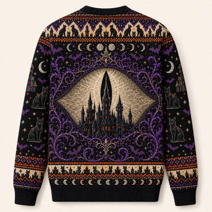 Black Cat Headstone Sweater Castle Gothic Purple Samhain Knit back view