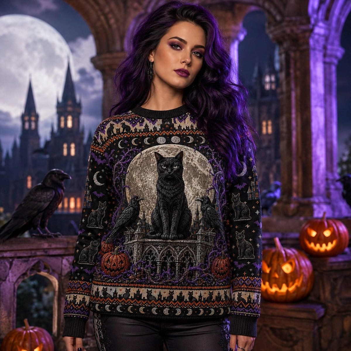 Black Cat Headstone Sweater Castle Gothic Purple Samhain Knit worn, front view