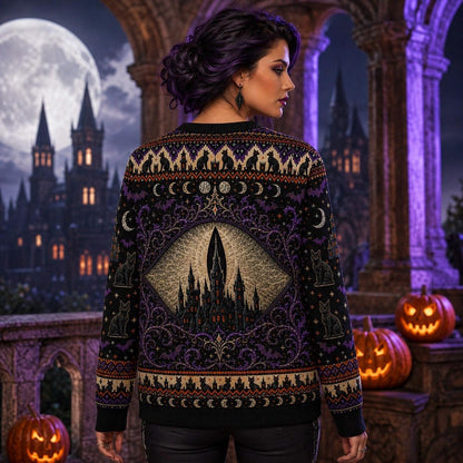 Black Cat Headstone Sweater Castle Gothic Purple Samhain Knit worn, back view