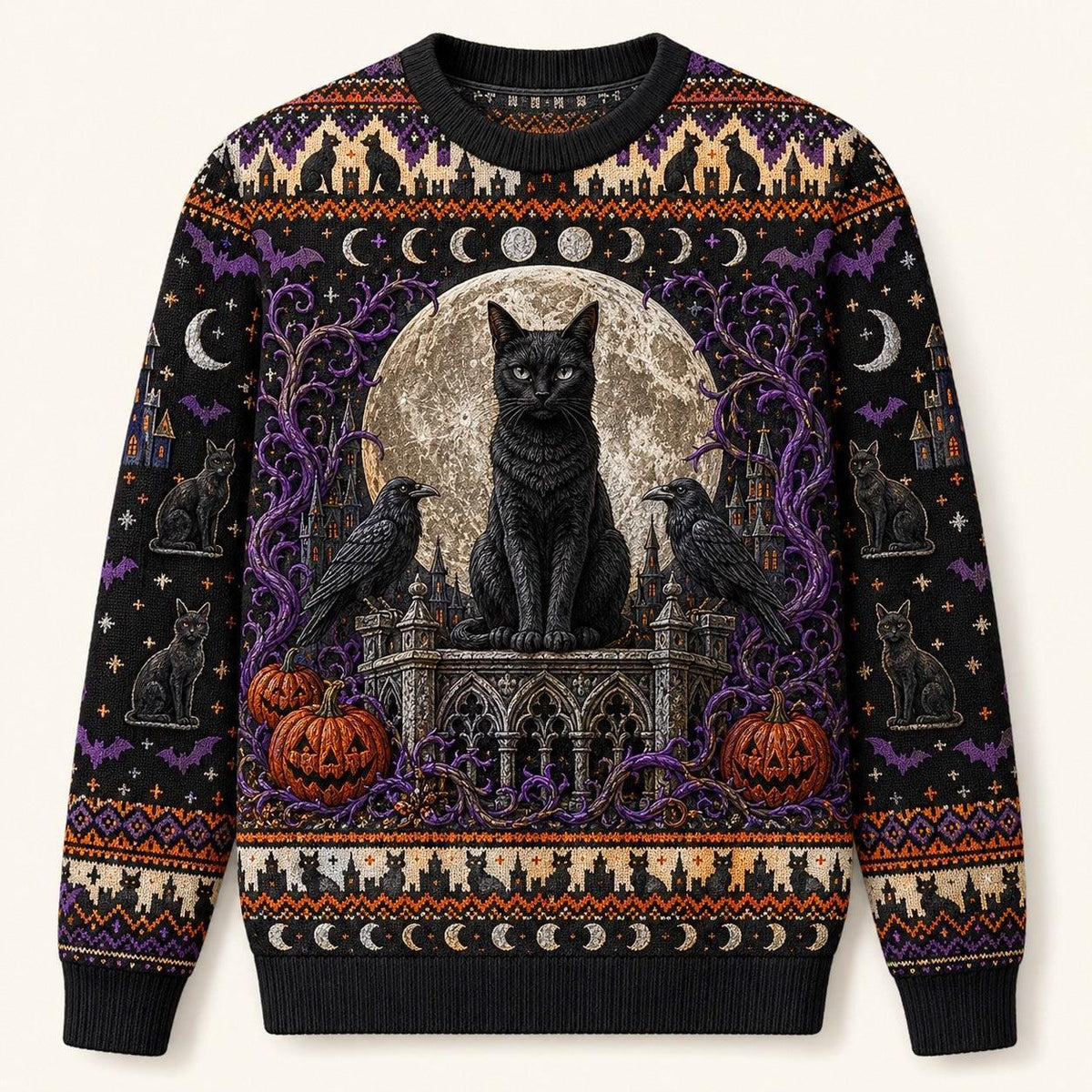 Black Cat Headstone Sweater Castle Gothic Purple Samhain Knit front view