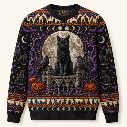 Black Cat Headstone Sweater Castle Gothic Purple Samhain Knit front view