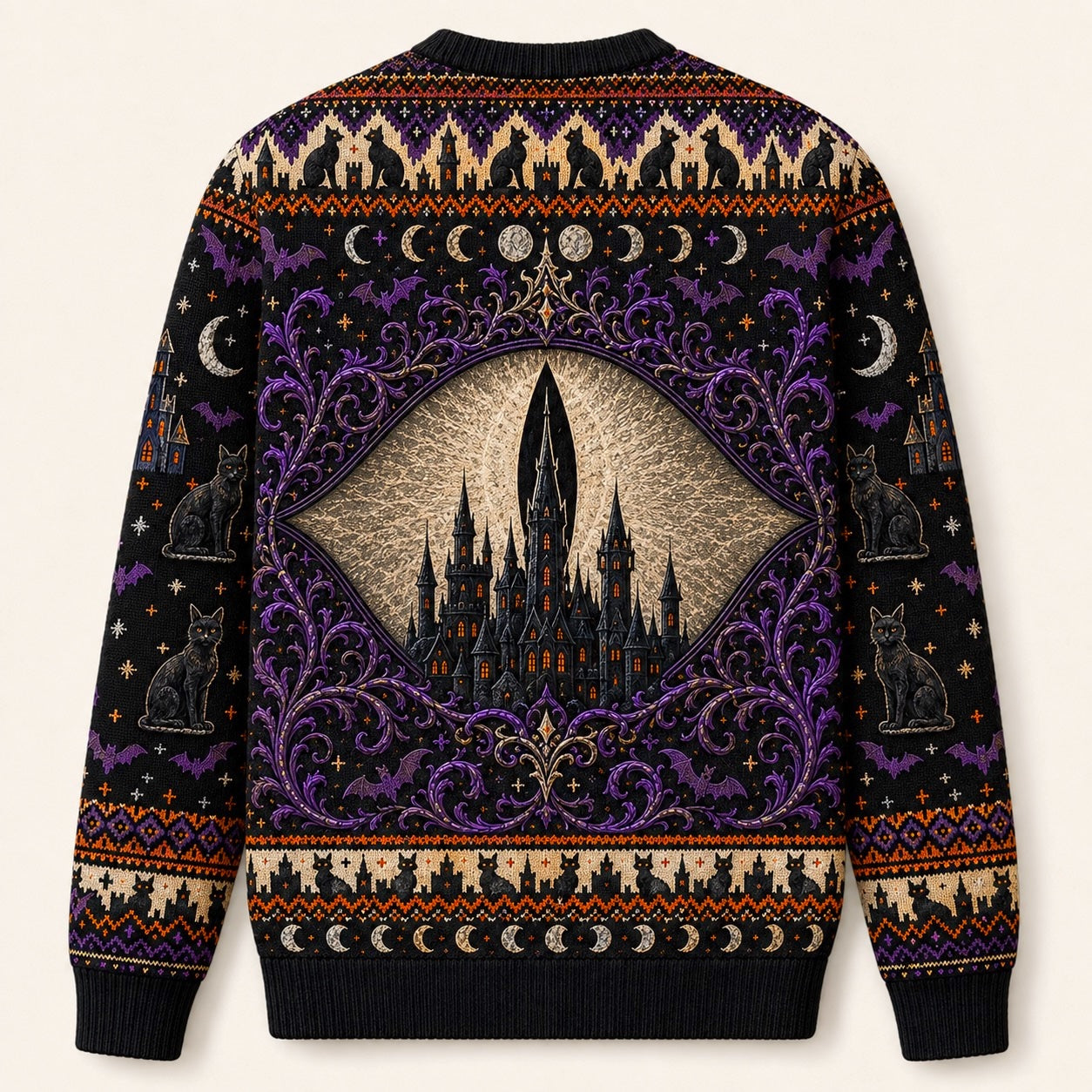 Black Cat Headstone Sweater Castle Gothic Purple Samhain Knit back view