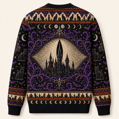 Black Cat Headstone Sweater Castle Gothic Purple Samhain Knit back view