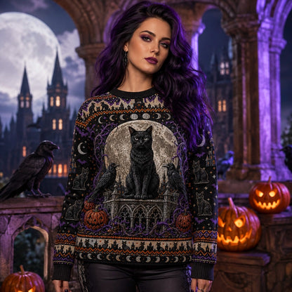 Black Cat Headstone Sweater Castle Gothic Purple Samhain Knit worn, front view